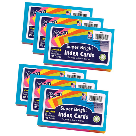 PACON Index Cards, 5 Assorted Colors, Unruled, 3" x 5", 100 Cards/Pk, PK6 1720